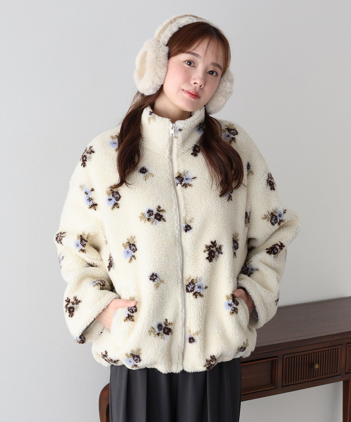 【早割5％OFF】チェック＆フラワーボアブルゾン