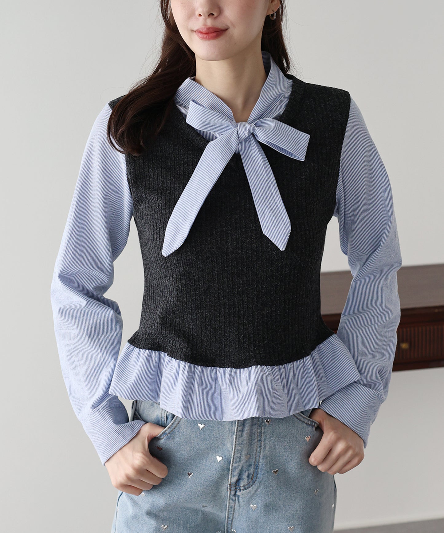 【早割5％OFF】ボウタイシャツドッキングカットソー