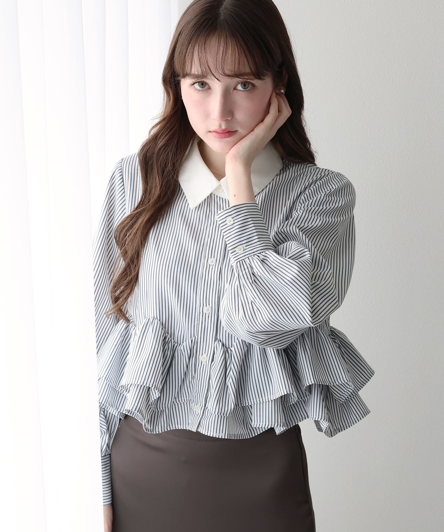 【早割5％OFF】フリルヘムロングスリーブブラウス【メール便】