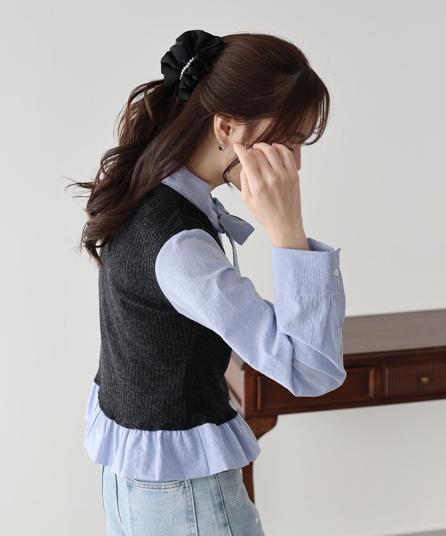 【早割5％OFF】ボウタイシャツドッキングカットソー