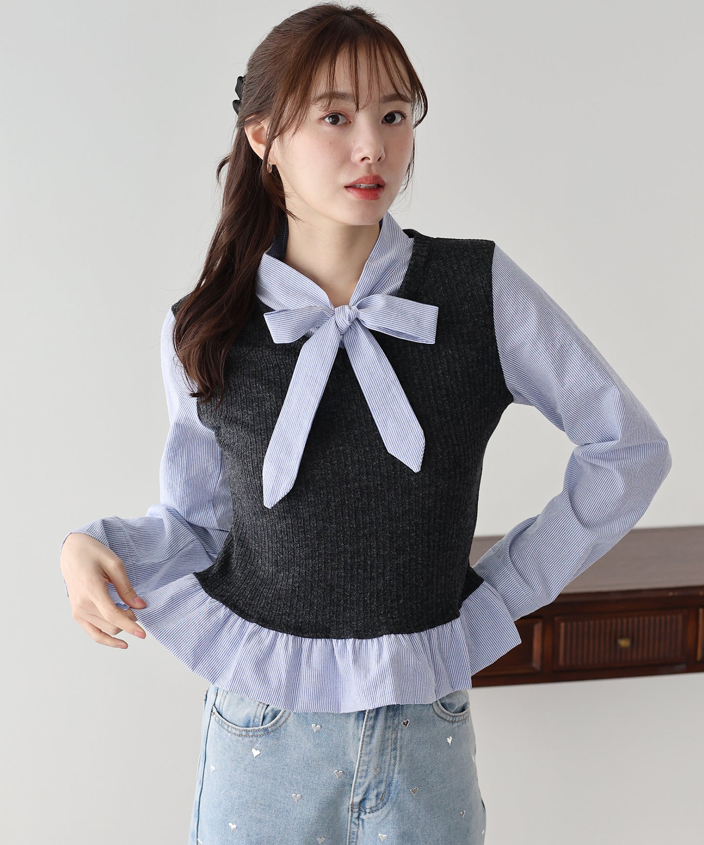 【早割5％OFF】ボウタイシャツドッキングカットソー