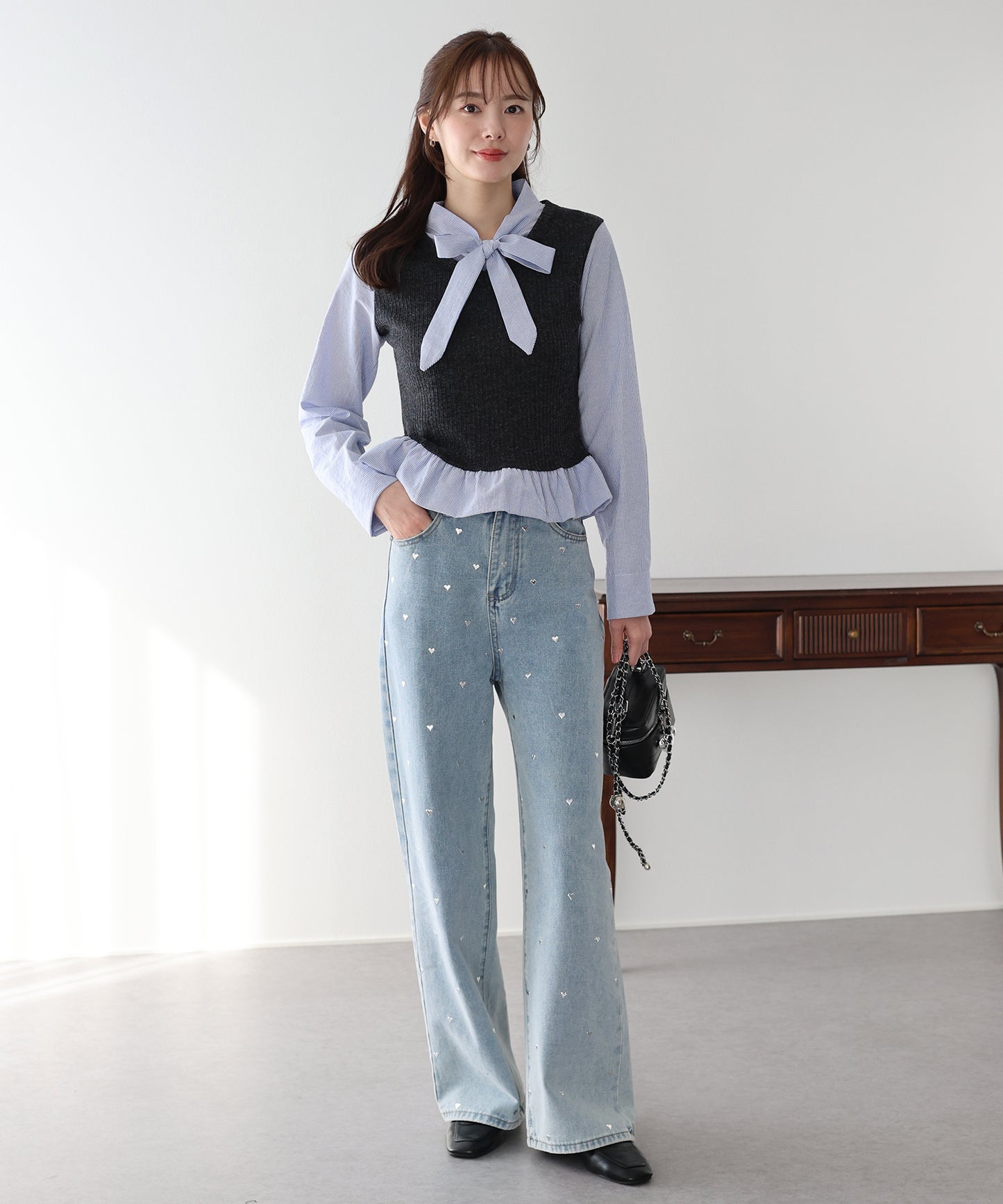 【早割5％OFF】ボウタイシャツドッキングカットソー