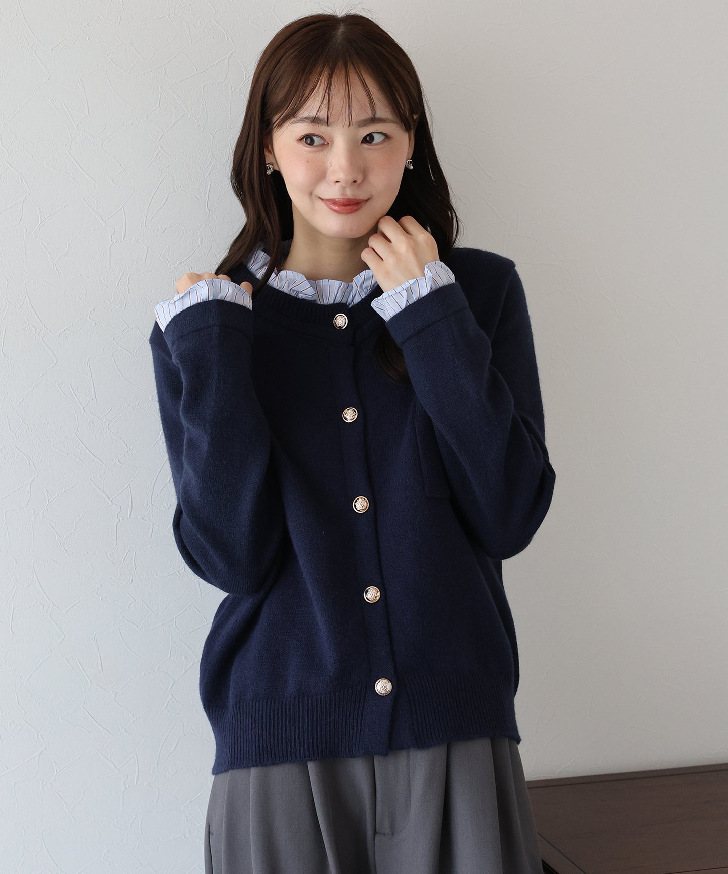 【早割5％OFF】フリルシャツ襟カーディガン
