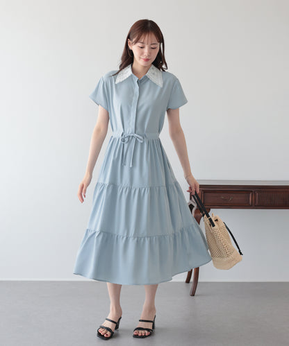【早割5％OFF】《選べる着丈》レースカラーティアードワンピース