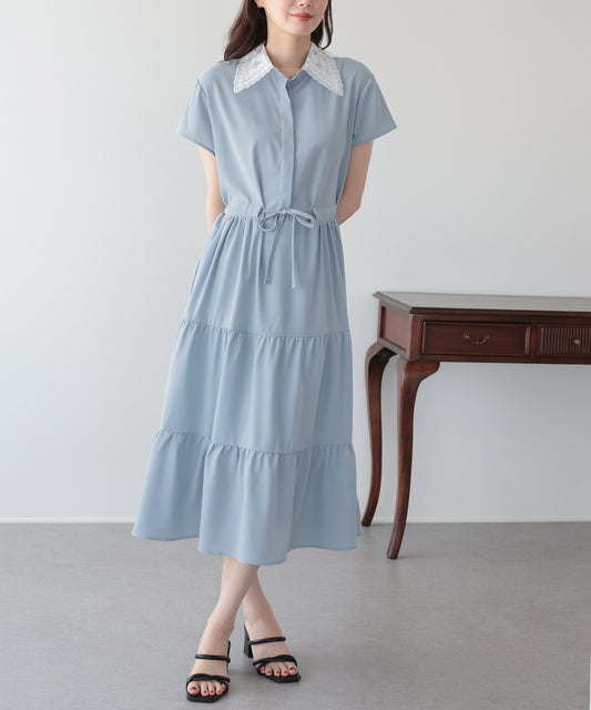 【早割5％OFF】《選べる着丈》レースカラーティアードワンピース