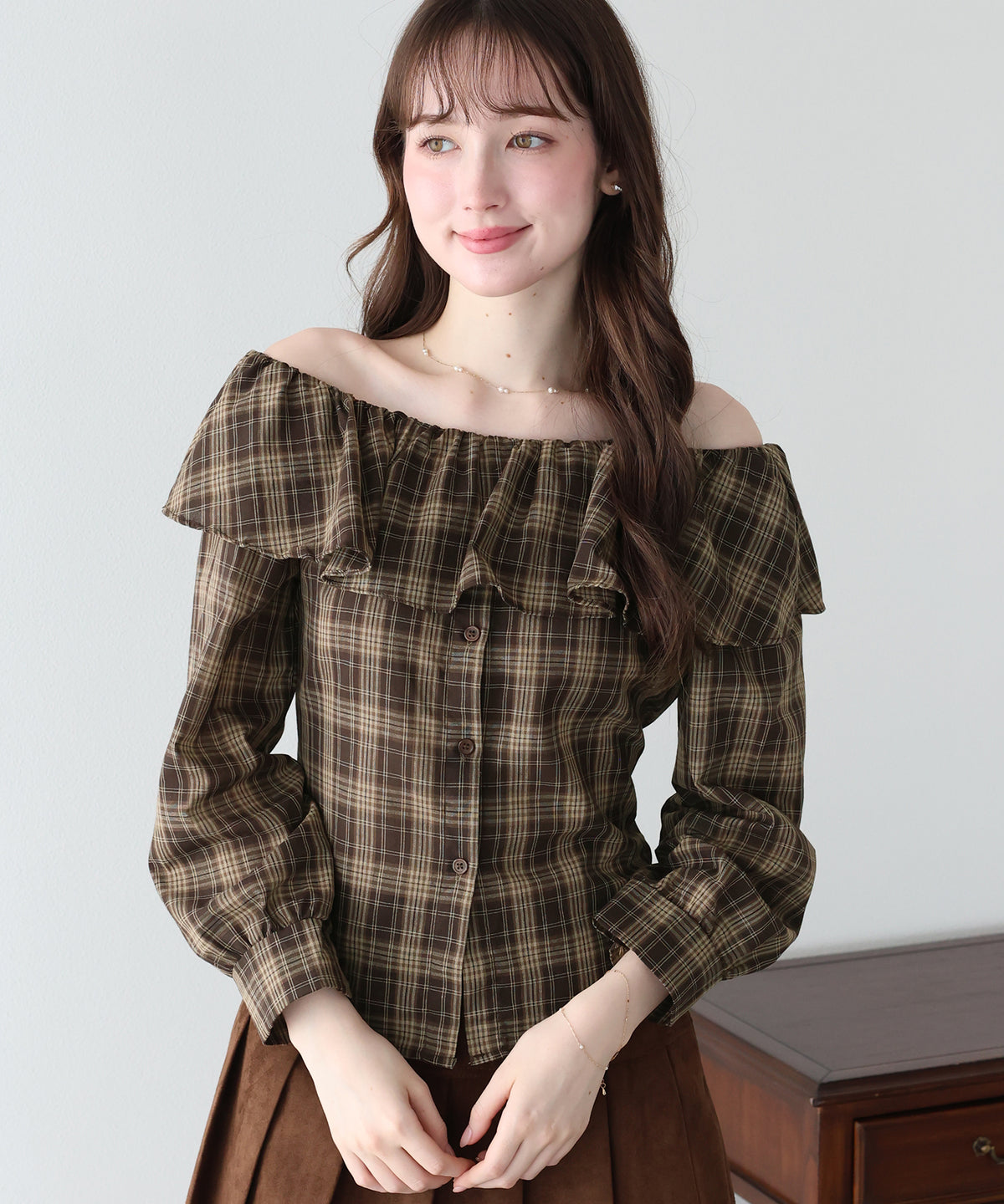 【早割5％OFF】オフショルチェックブラウス【メール便】