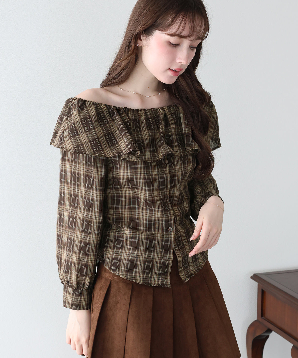 【早割5％OFF】オフショルチェックブラウス【メール便】