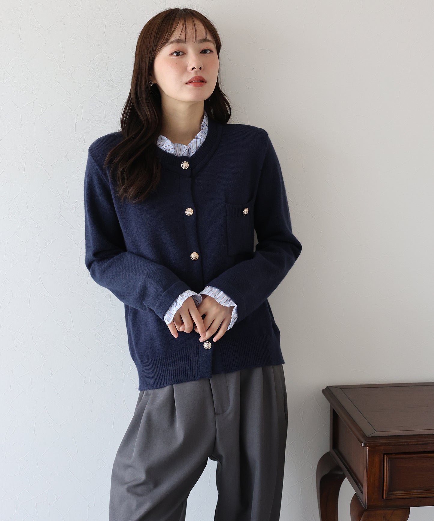 【早割5％OFF】フリルシャツ襟カーディガン