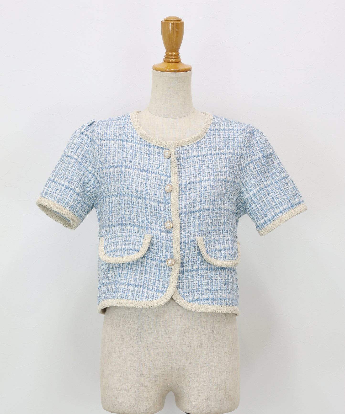 バイカラーパイピング半袖ツイードジャケット
