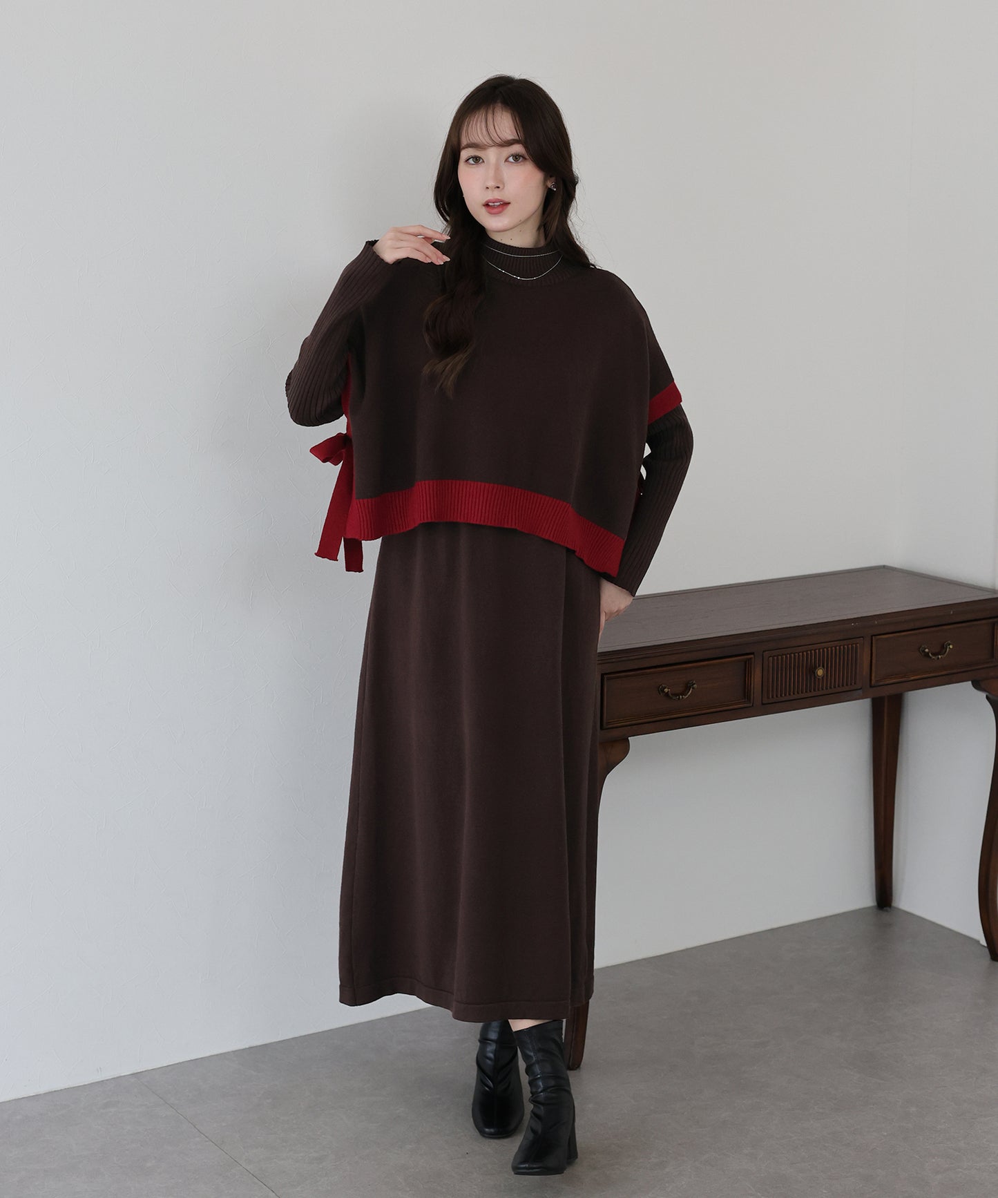 【TIME SALE】選べる2丈・吸湿発熱・リボンケープニットベスト＆リブニットワンピース