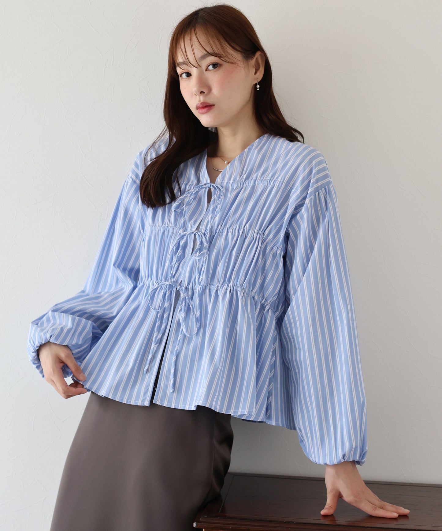 【TIME SALE】ストライプリボンブラウス【ネコポス】