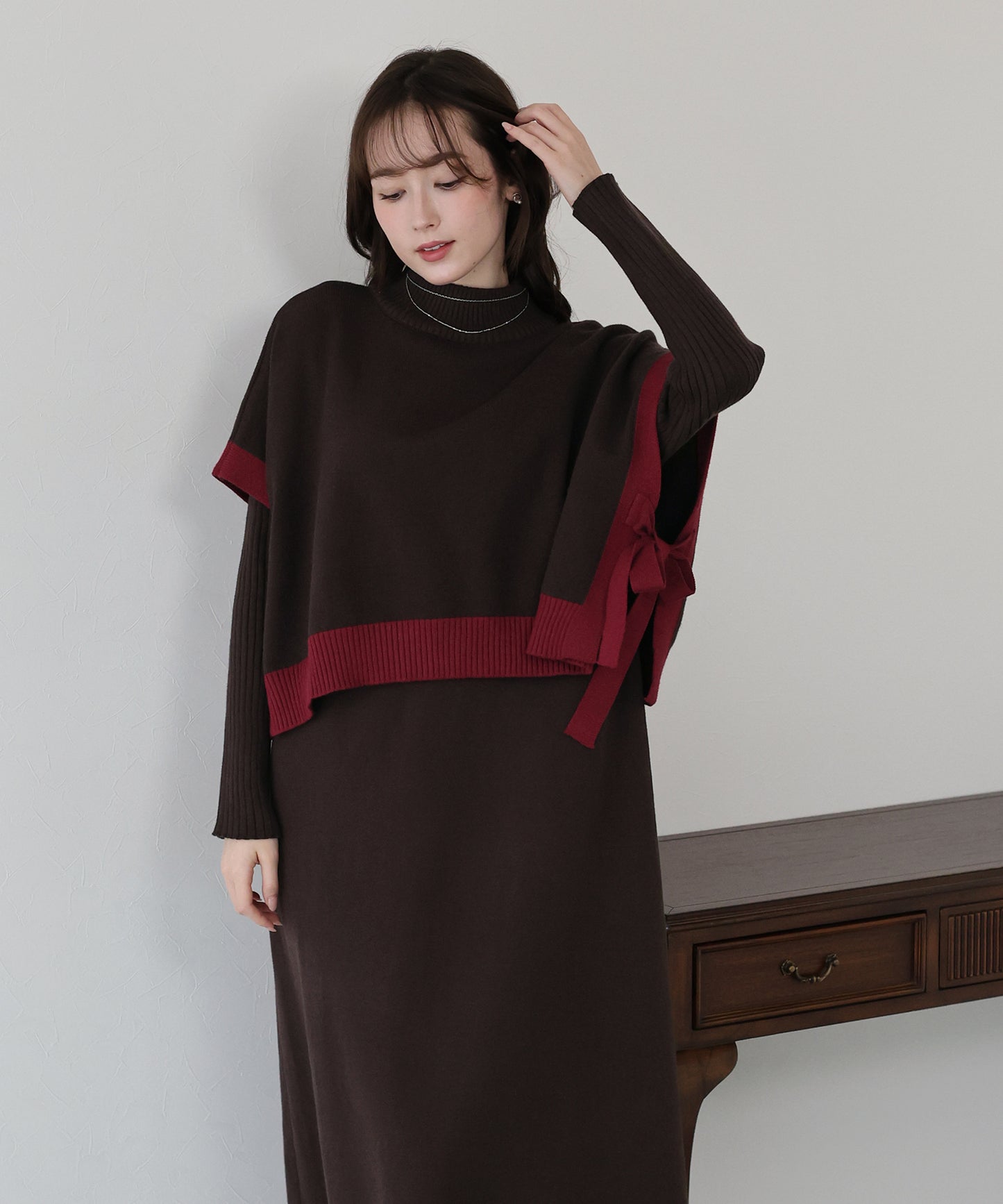 【TIME SALE】選べる2丈・吸湿発熱・リボンケープニットベスト＆リブニットワンピース