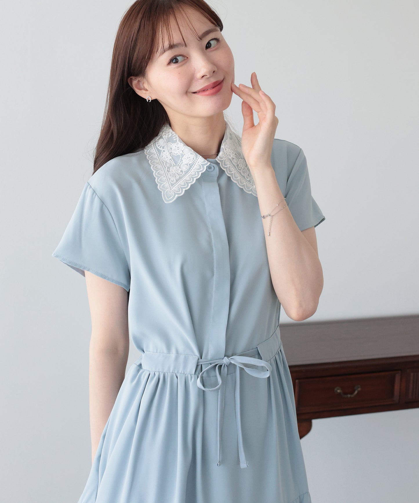 【早割5％OFF】《選べる着丈》レースカラーティアードワンピース
