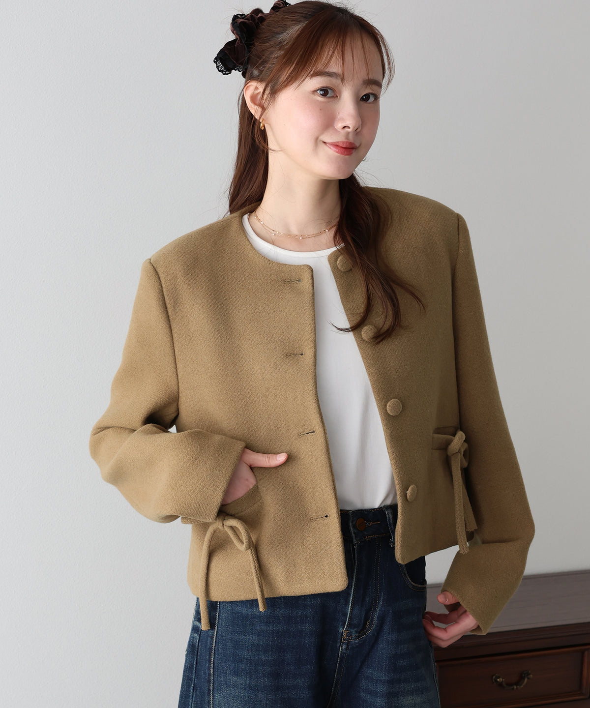 【早割5％OFF】ポケットリボンノーカラージャケット