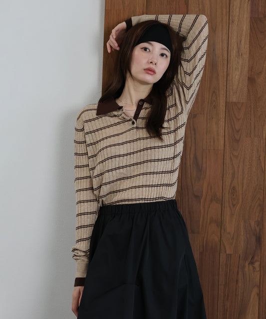【早割5％OFF】ウール混ポロカラーボーダーニット