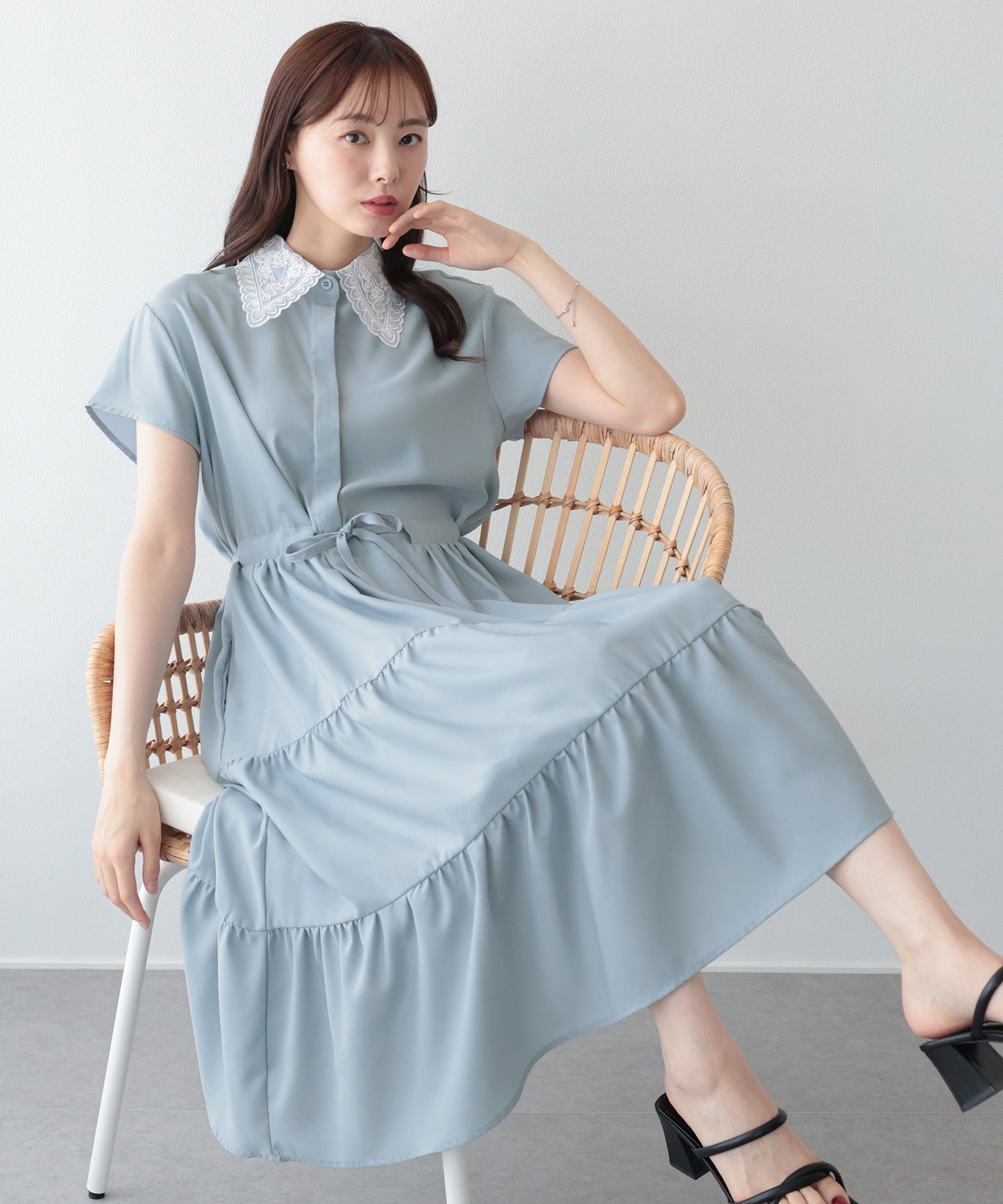 【早割5％OFF】《選べる着丈》レースカラーティアードワンピース