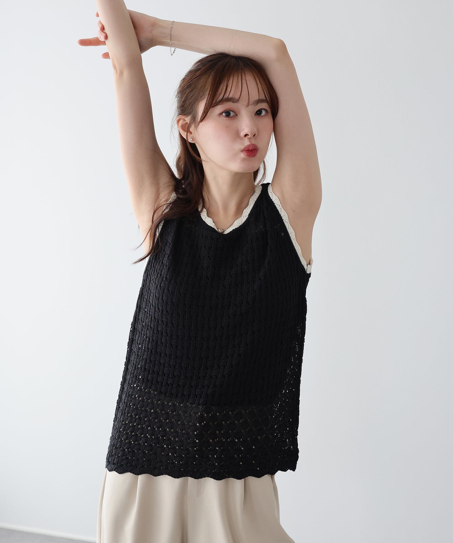 【SALE】バイカラースカラップニットベスト【メール便】