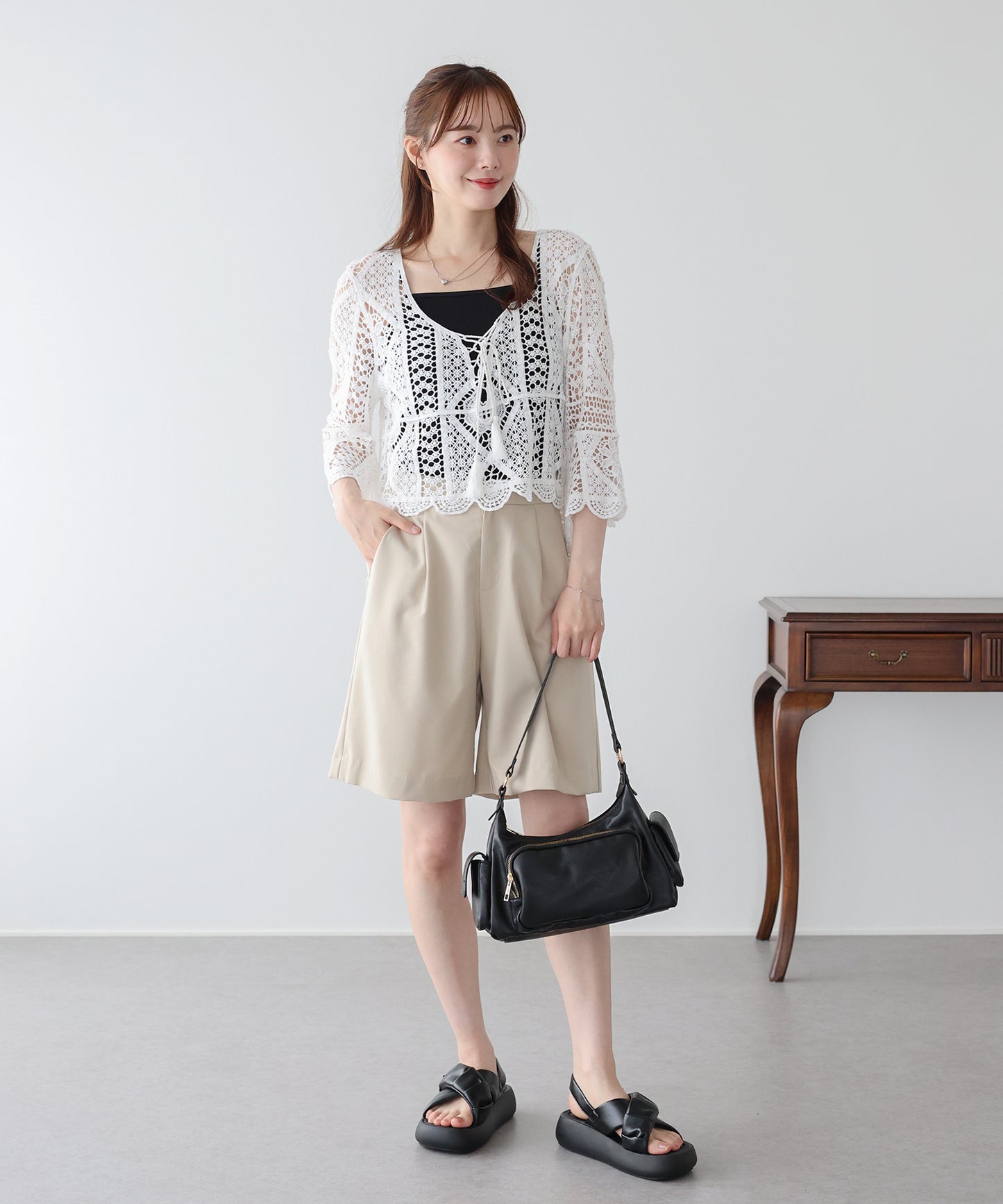 【早割5％OFF】タッセルリボンクロシェニットトップス