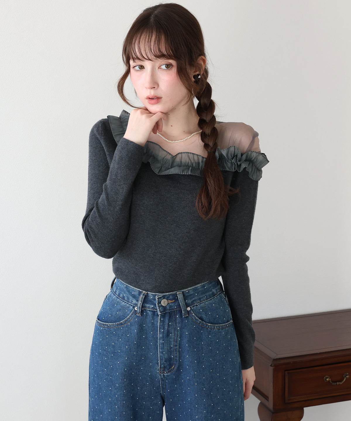 【早割5％OFF】アシンメトリーチュールフリルニット