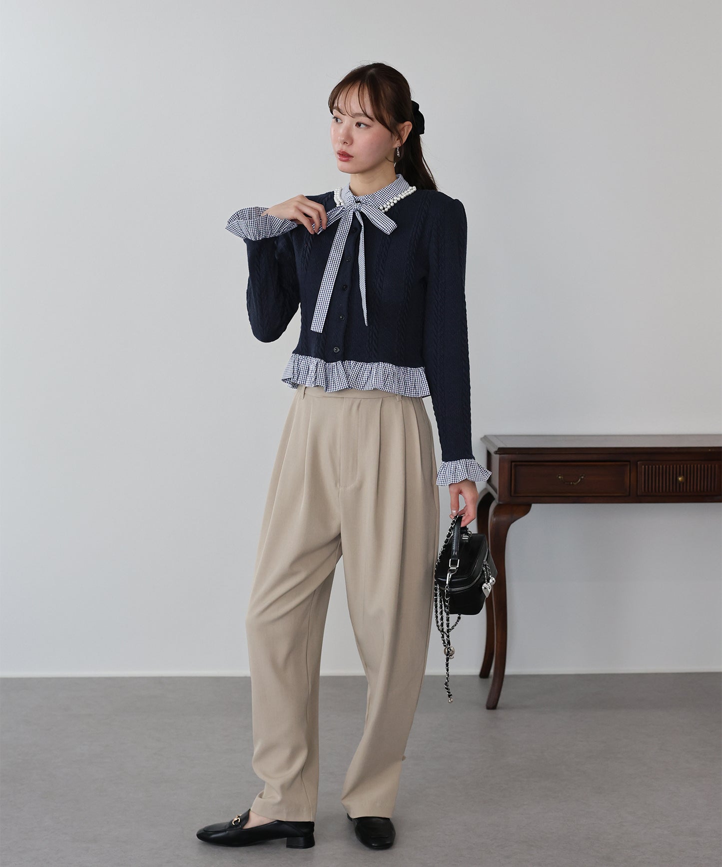 【早割5％OFF】ボウタイシャツドッキングカーディガン