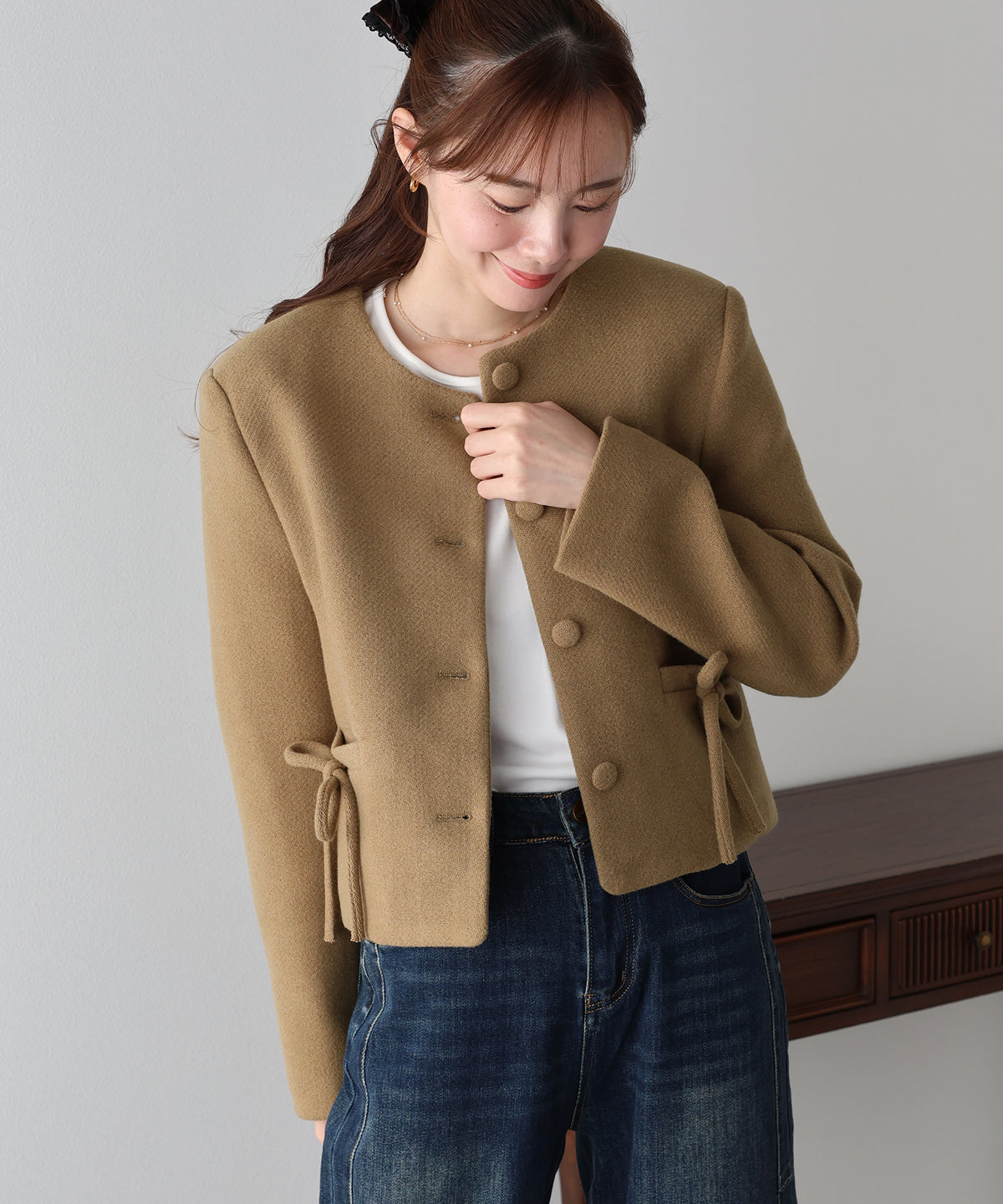 【早割5％OFF】ポケットリボンノーカラージャケット