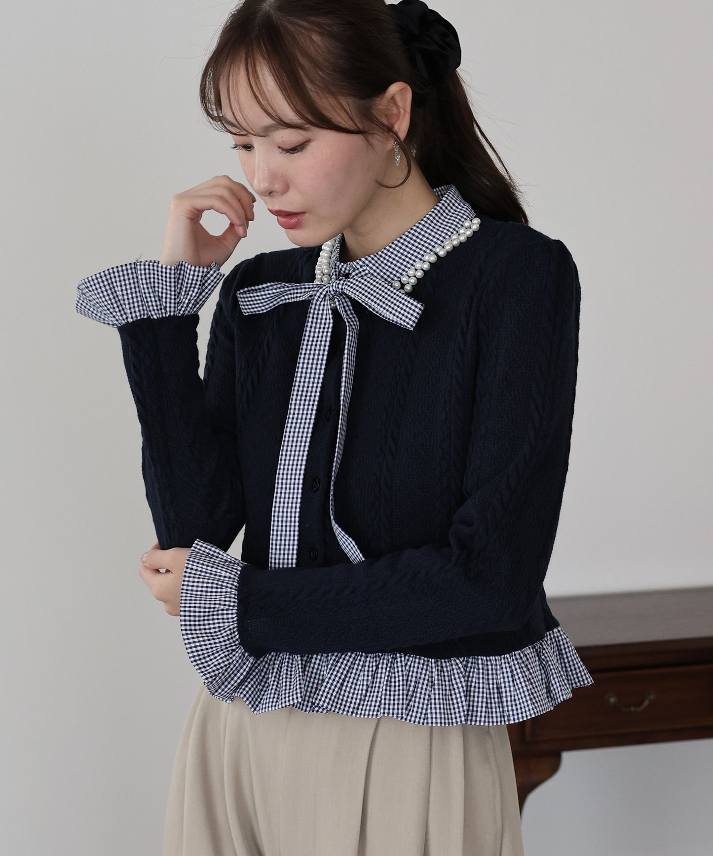 ボウタイシャツドッキングカーディガン