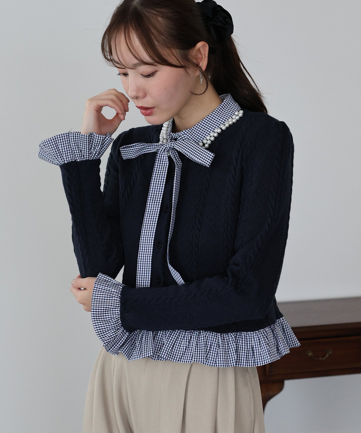 【早割5％OFF】ボウタイシャツドッキングカーディガン