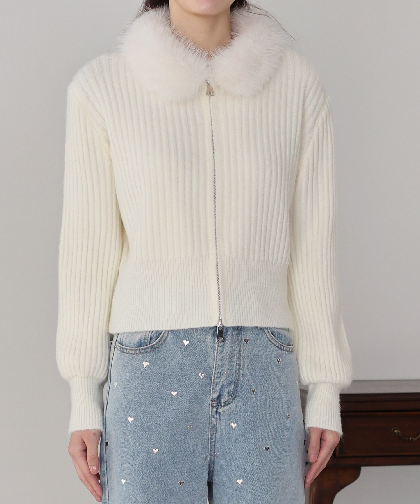 【早割5％OFF】ファー襟ダブルジップニット