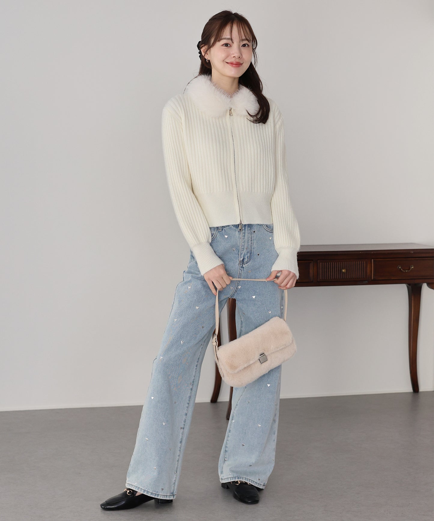 【早割5％OFF】ファー襟ダブルジップニット