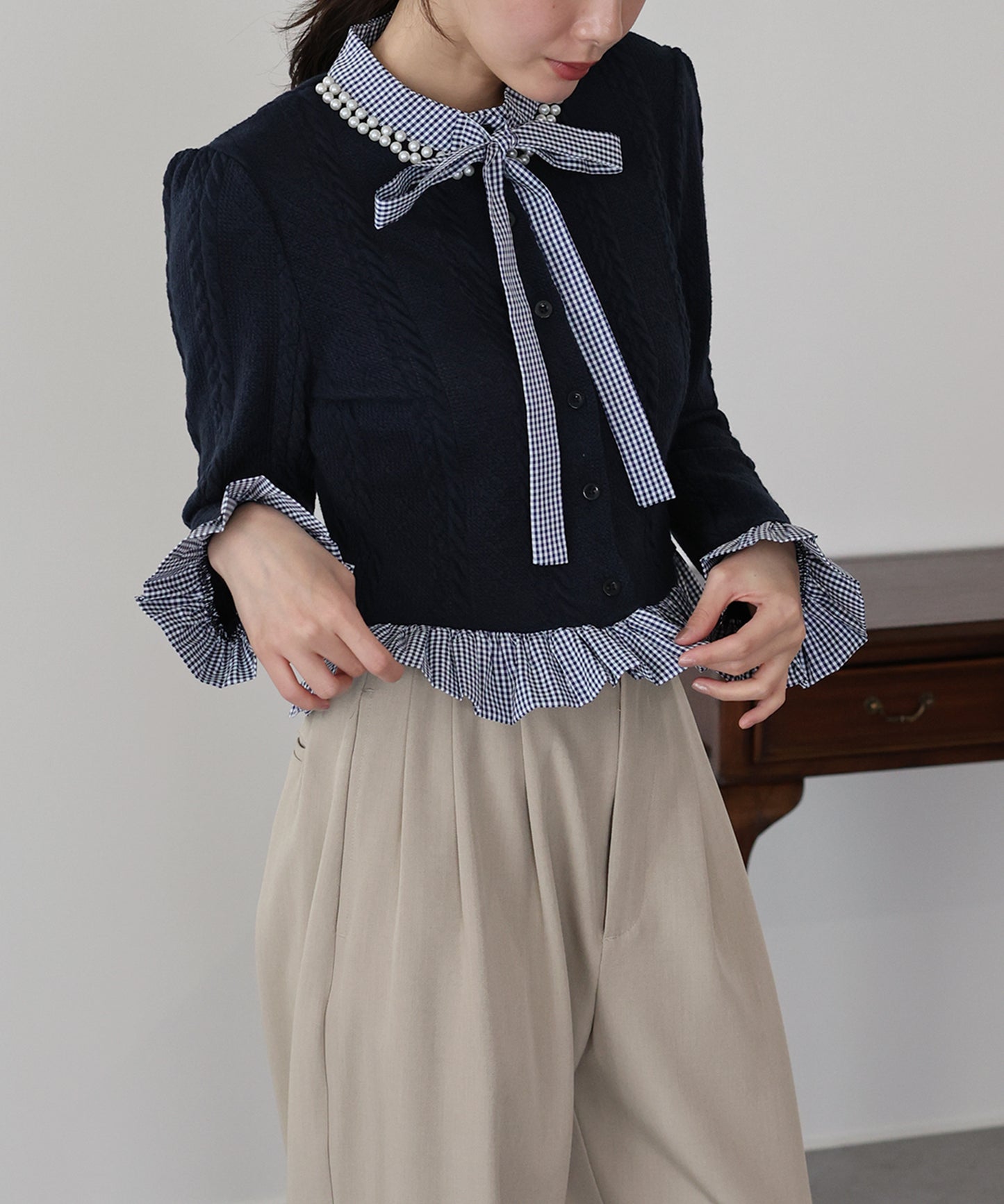 ボウタイシャツドッキングカーディガン