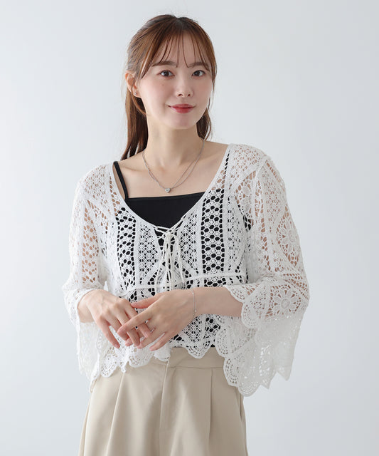 【早割5％OFF】タッセルリボンクロシェニットトップス