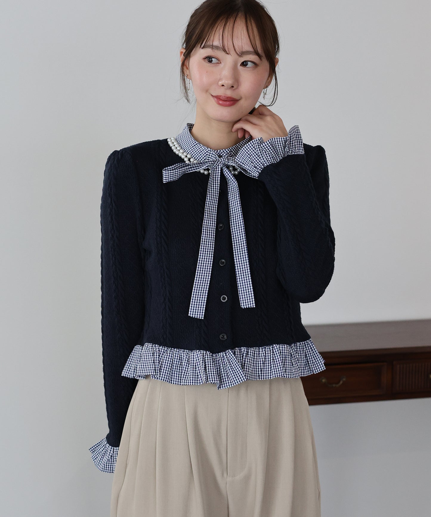 【早割5％OFF】ボウタイシャツドッキングカーディガン