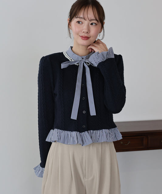 【早割5％OFF】ボウタイシャツドッキングカーディガン