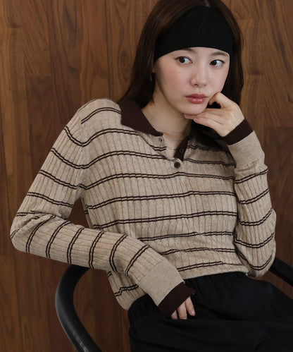 【早割5％OFF】ウール混ポロカラーボーダーニット