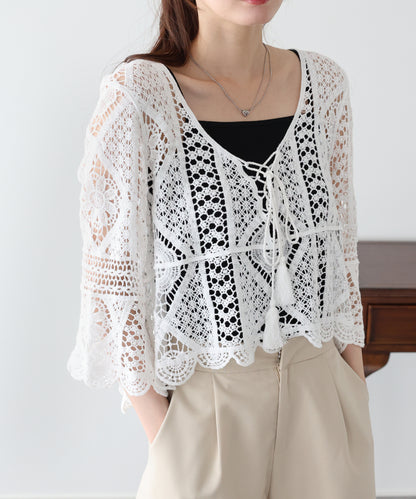 【早割5％OFF】タッセルリボンクロシェニットトップス