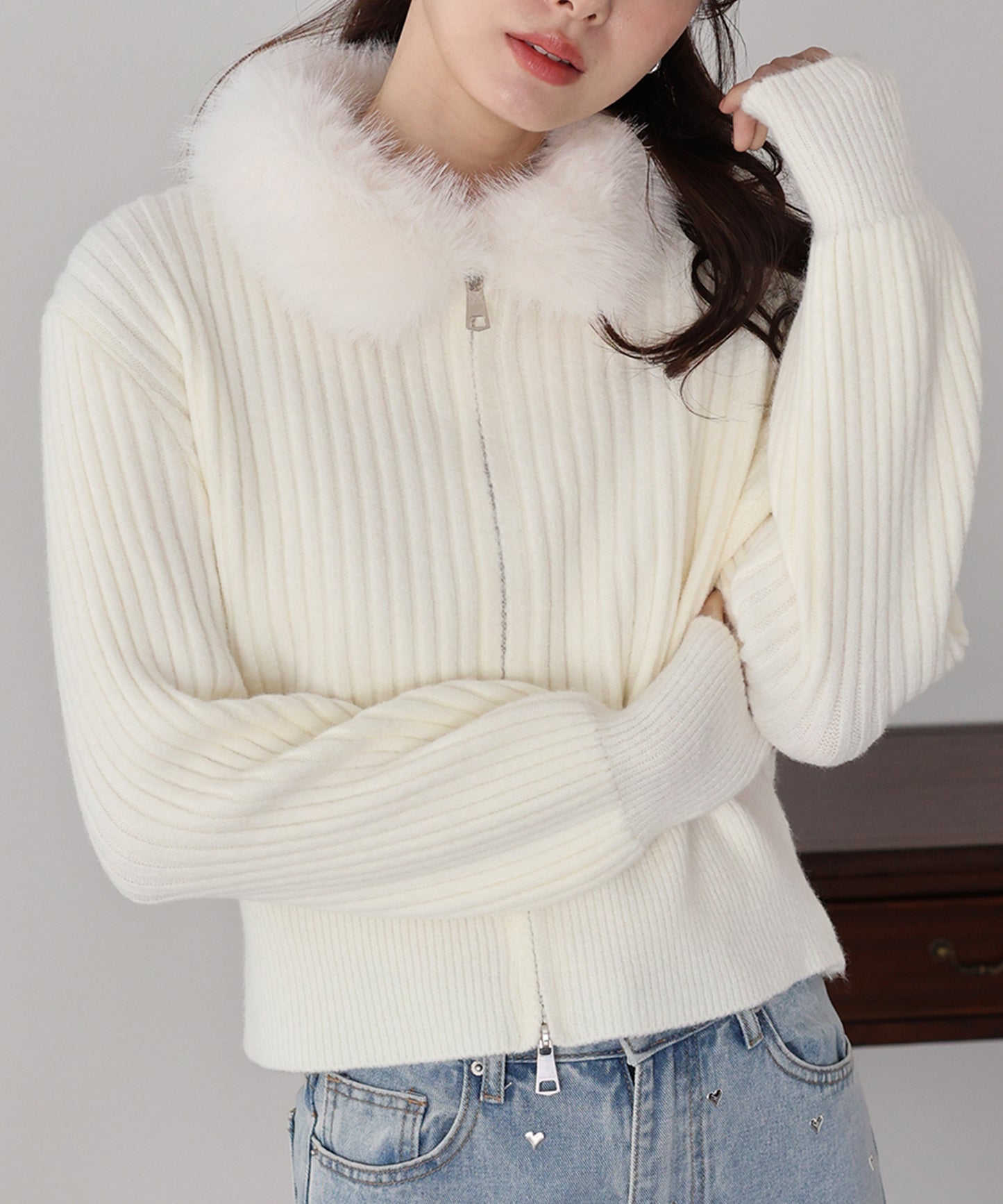 【早割5％OFF】ファー襟ダブルジップニット