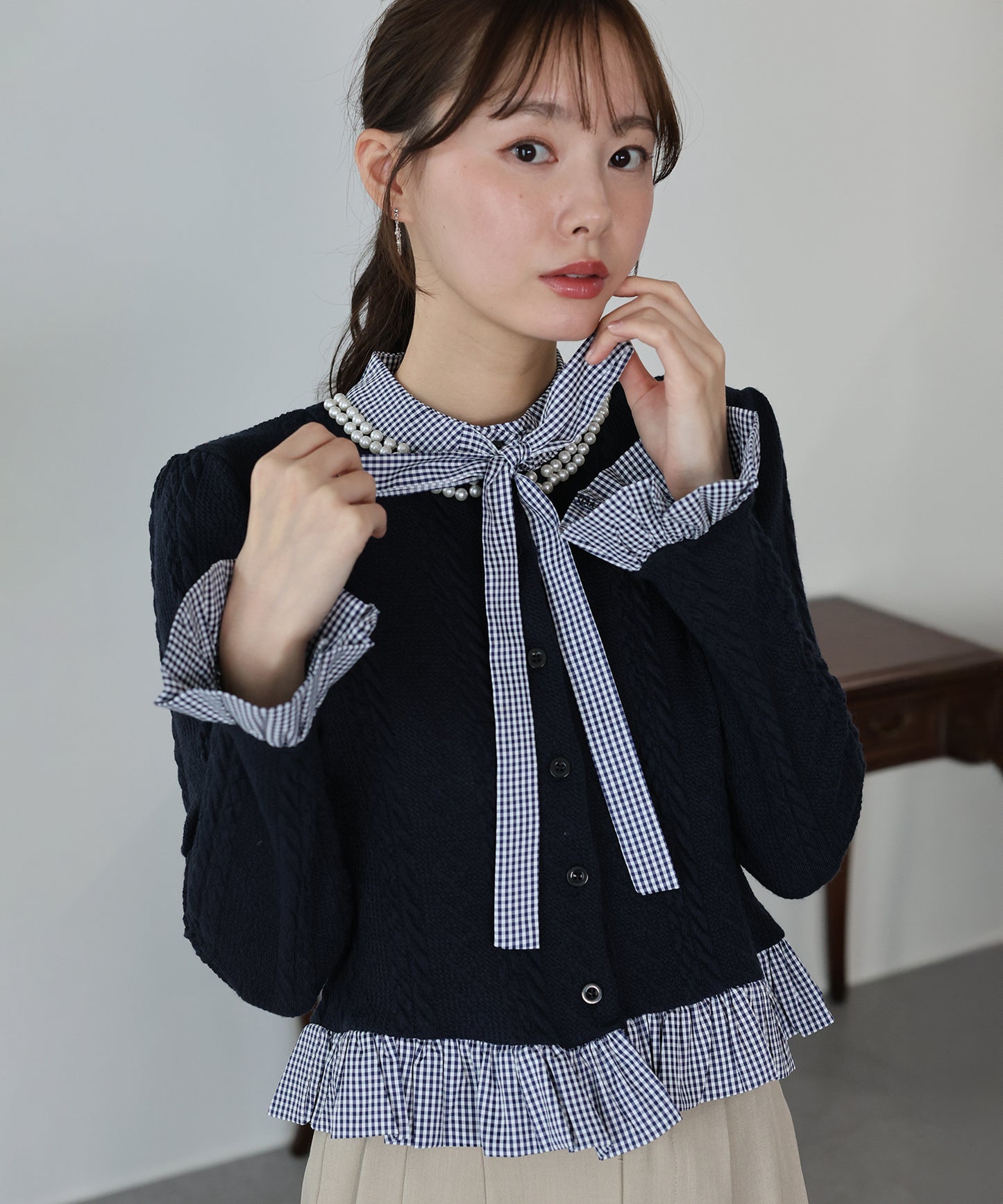 【早割5％OFF】ボウタイシャツドッキングカーディガン