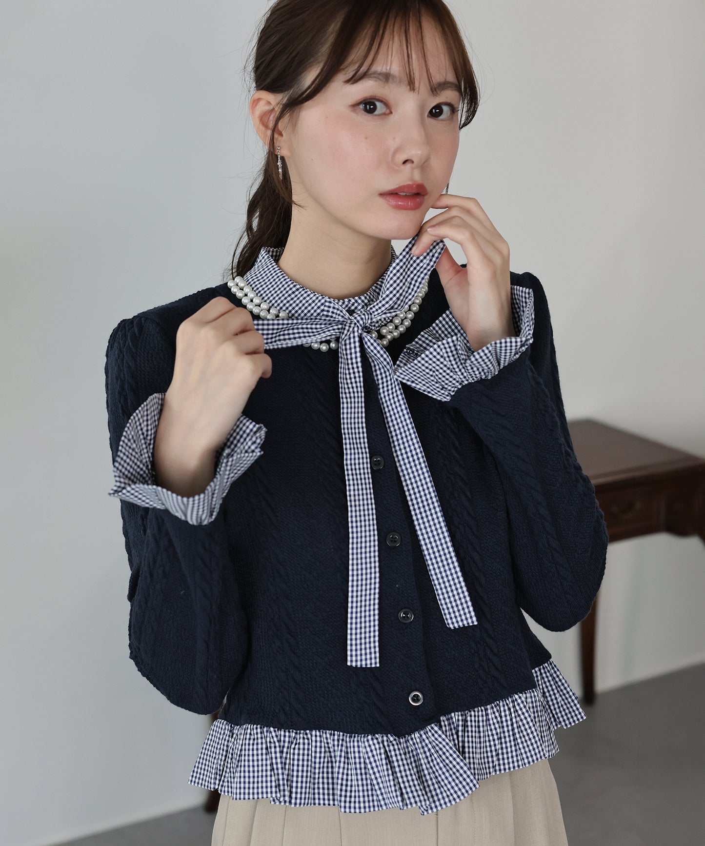 ボウタイシャツドッキングカーディガン