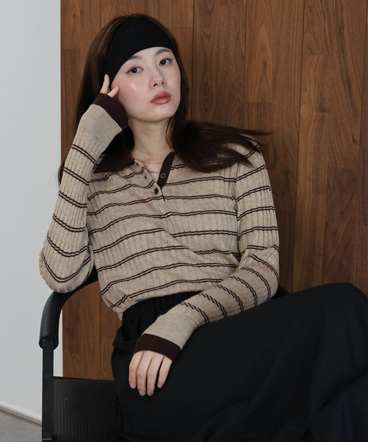 【早割5％OFF】ウール混ポロカラーボーダーニット