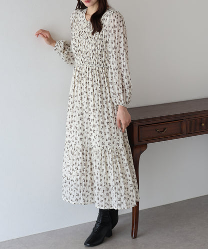 【早割5％OFF】花柄シャーリングワンピース