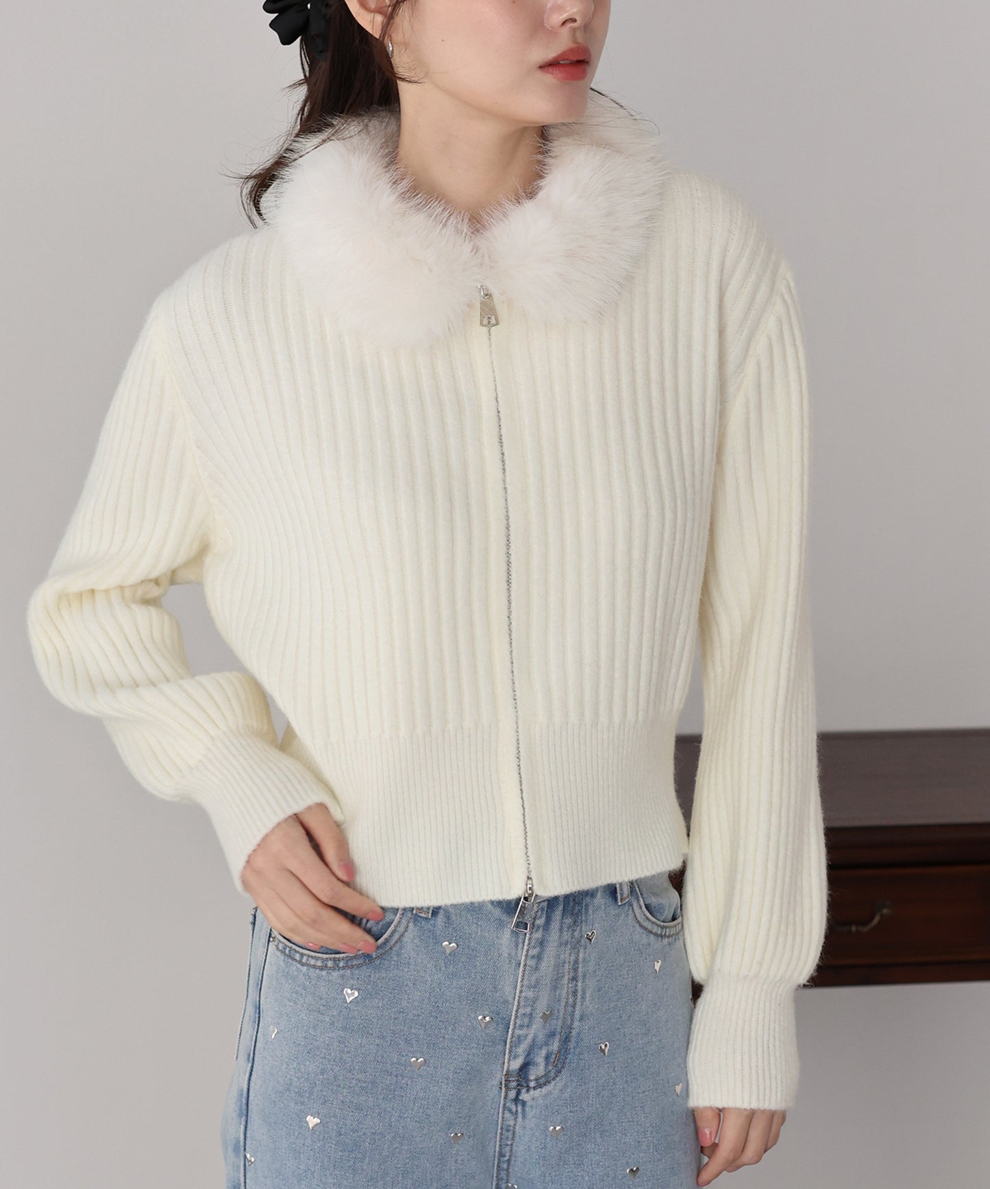 【早割5％OFF】ファー襟ダブルジップニット