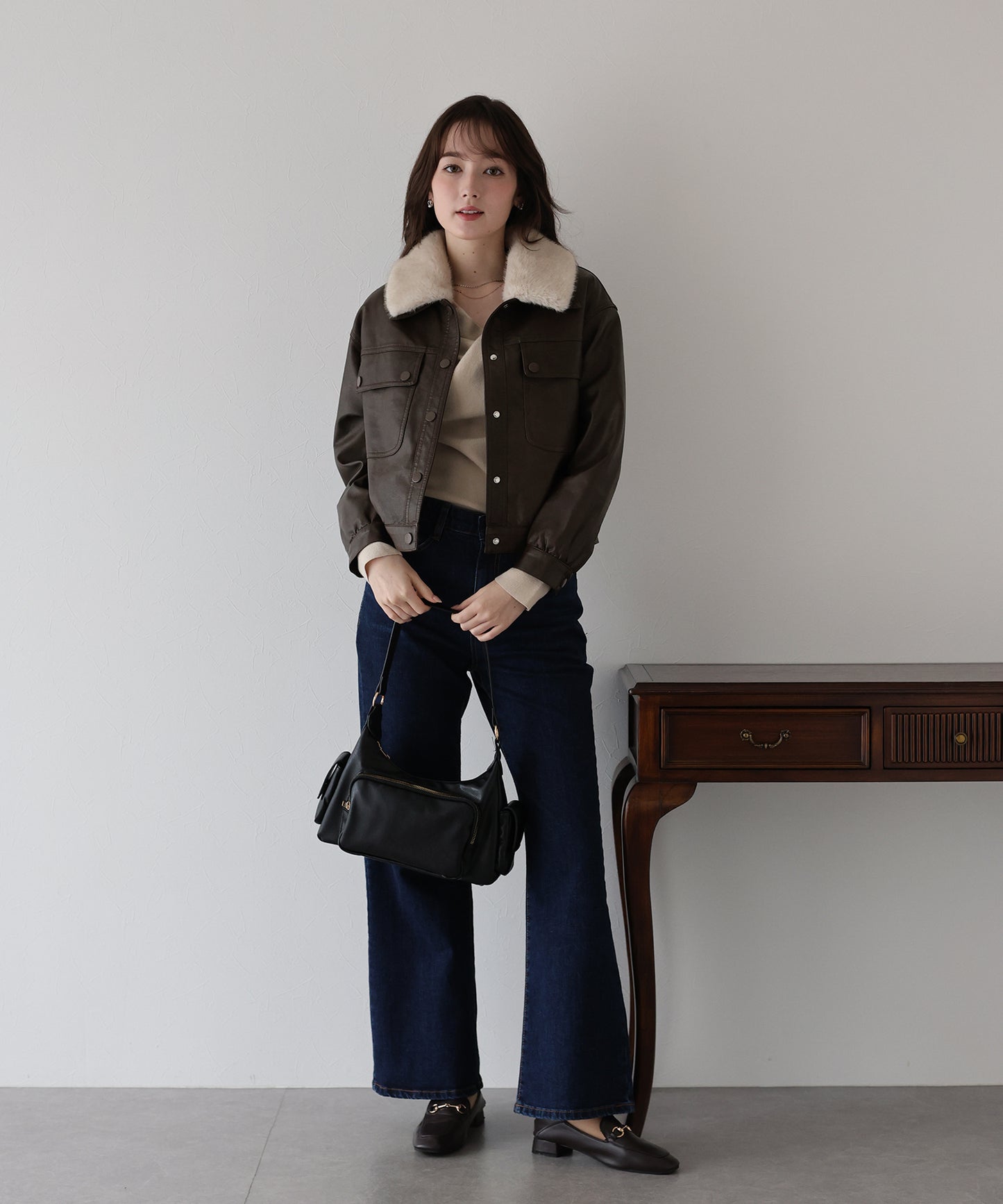 ファー付きフェイクレザーブルゾン