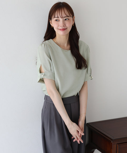 【TIME SALE】パールボタン麻調ブラウス【ネコポス】