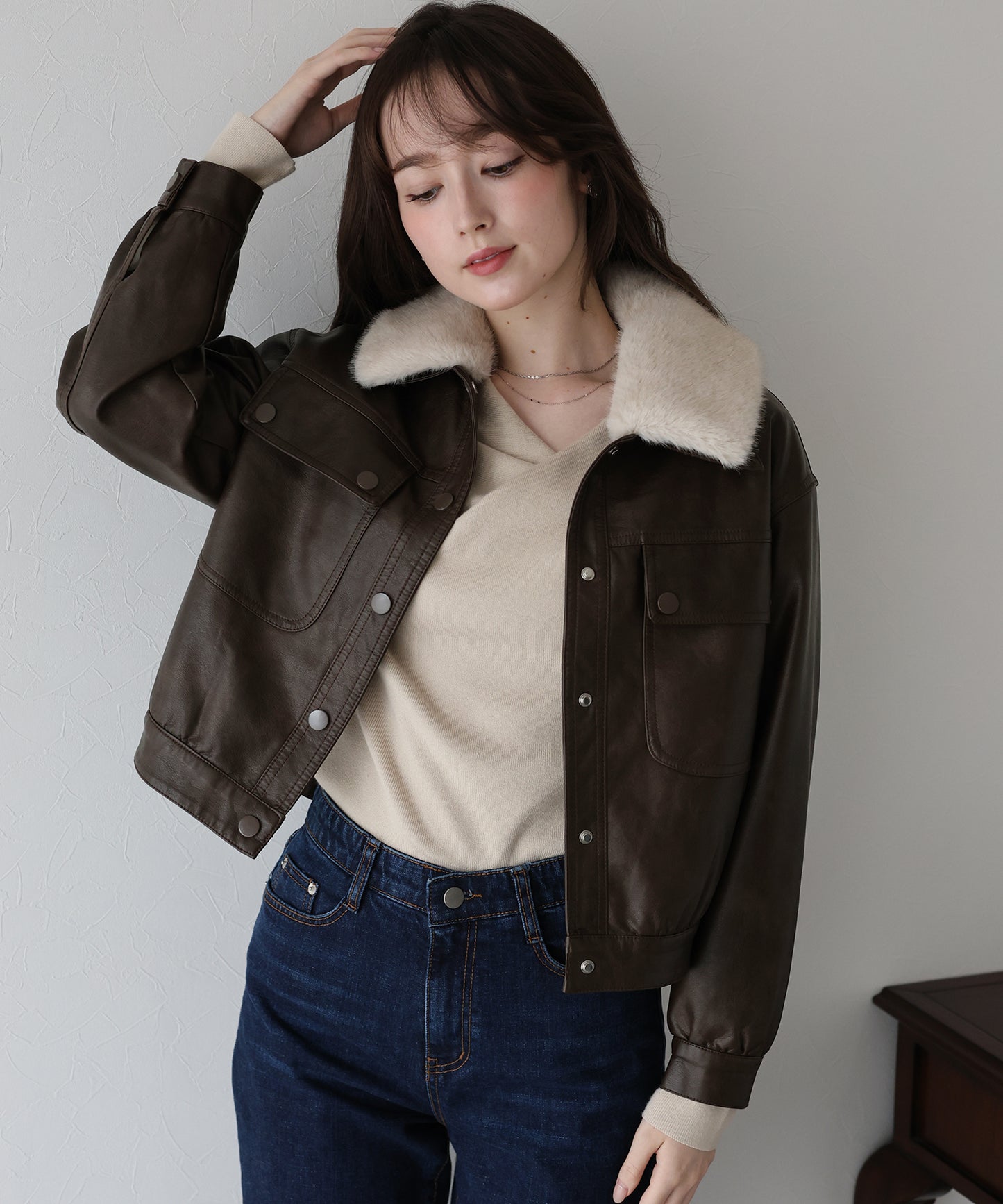 ファー付きフェイクレザーブルゾン