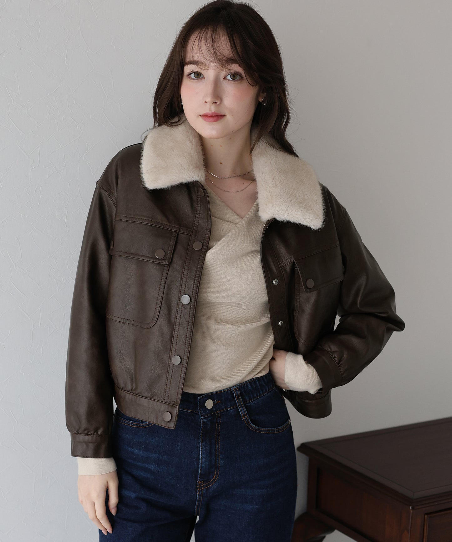 ファー付きフェイクレザーブルゾン