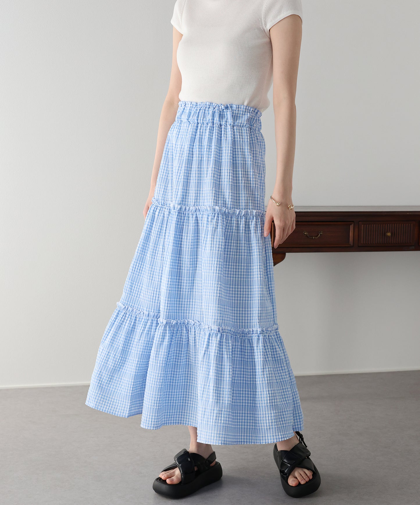 【早割5％OFF】ギンガムチェックティアードスカート