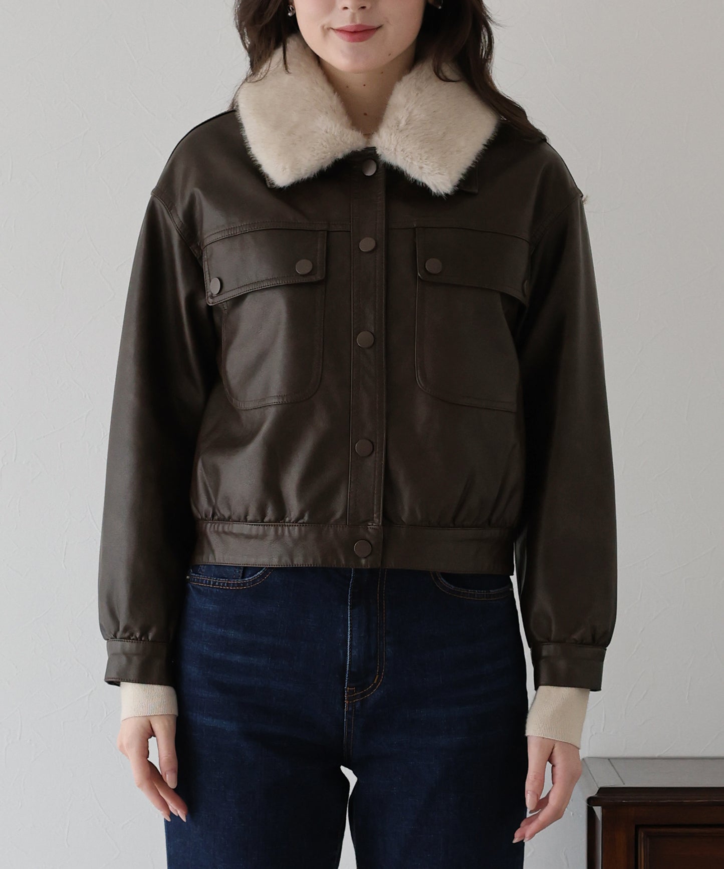 ファー付きフェイクレザーブルゾン