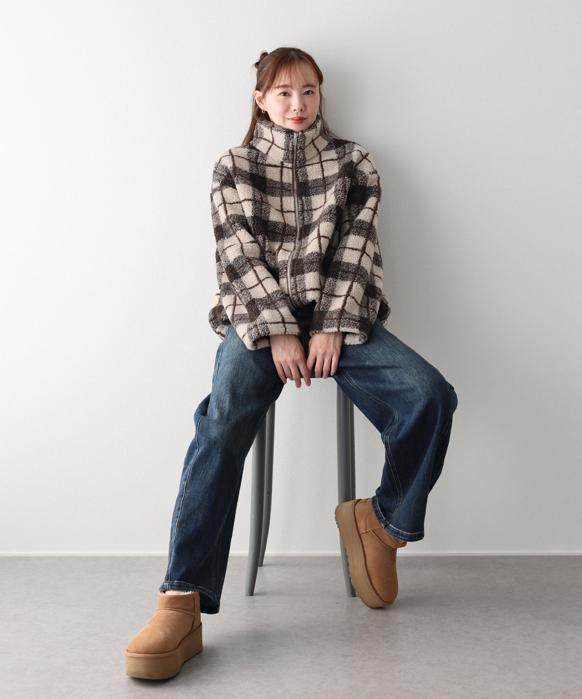 【早割5％OFF】チェック＆フラワーボアブルゾン