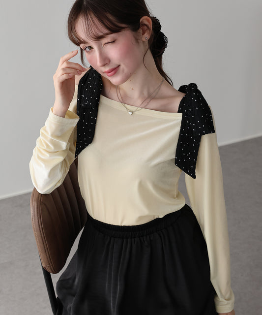 【早割5％OFF】ショルダードットリボンベロアトップス