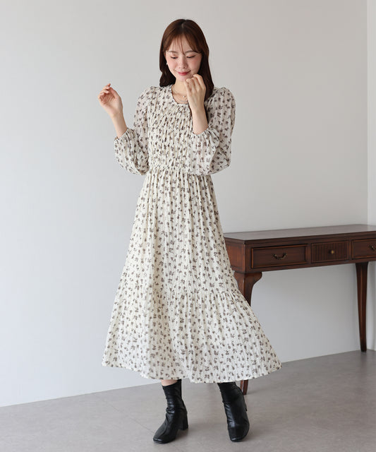 【早割5％OFF】花柄シャーリングワンピース